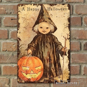 Victorian Halloween Decor Metal Sign Decoration Antique Style Porch Outdoor Safe Cottage core  - Cute Witch With Pumpkin