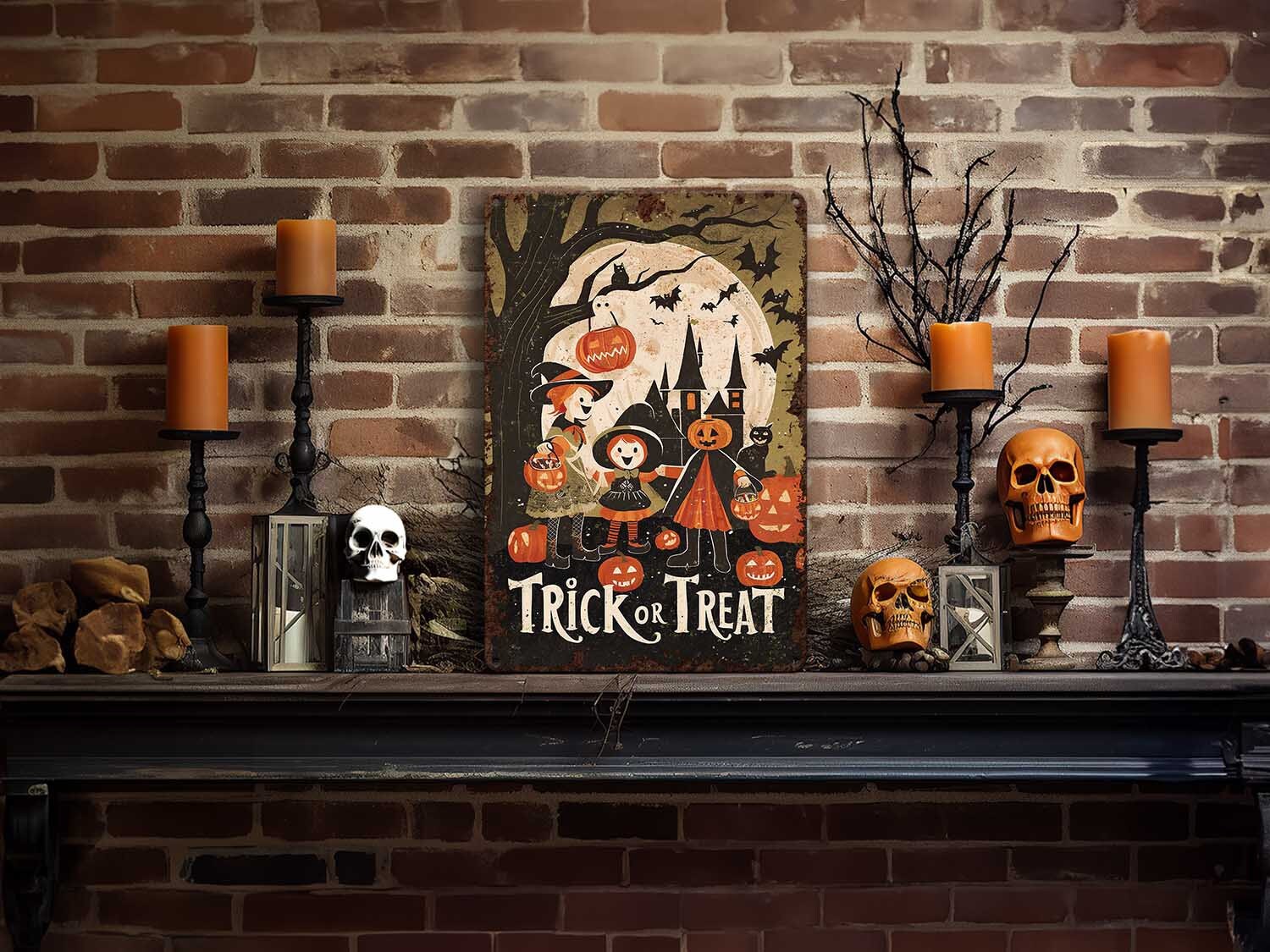 Retro Primitive Halloween Decor - Metal Sign Mantle Decoration