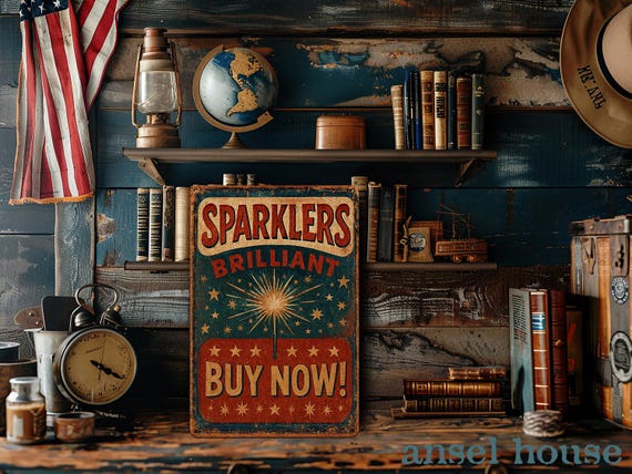 Primitive Americana Metal Advertising Art Sign Decoration July 4th Vintage Antique Style Patriotic - Outdoor Safe - Sparklers Brilliant