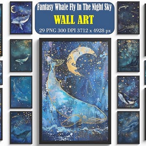 Fantasy Wal fliegend in den Nachthimmel Art Bundle, Digital Download Poster Set, verträumte Wanddekoration
