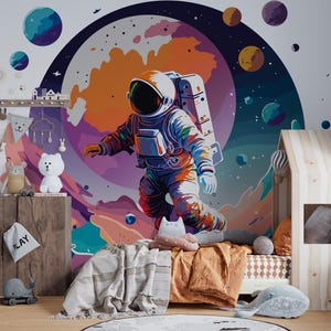 Astronaut op Moonwalk-behang, planetenbehang, kleurrijke muurschildering, astronautverkenningsbehang, Peel & Stick-muurschildering van de etherische ruimte