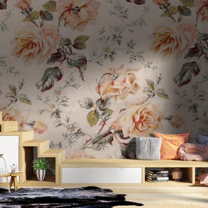 Gelbe rosa Rosen gemusterte Tapete, geprägte Look Blumen Abnehmbares Wandbild, Weiche farbige Boho Blumen 3D Tapete, Romantische Tapete