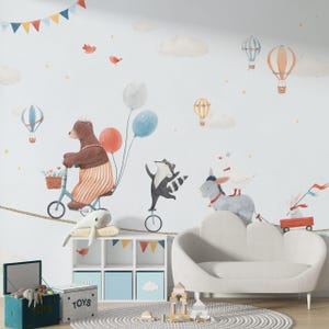 Circus Animals on Rope Wallpaper For Kids room, Cartoon Cute Animals Wall Mural for Baby Room, Removable Little Bear, Kids Room Bear, Donkey