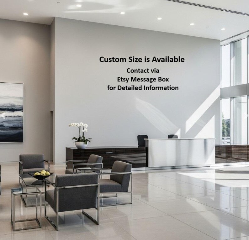 Pu&ograve; includere: Interno di una moderna hall con reception, area salotto e ampie finestre. Il testo sulla parete recita: "Custom Size is Available Contact via Etsy Message Box for Detailed Information."