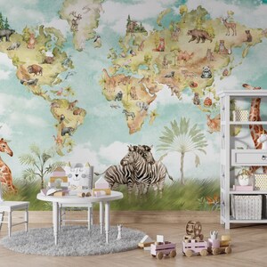 Safari Themed Map Wandbild, Weltkarte Wandbild, Kinderzimmer Dekor Karte Wandbild, Abziehen und Aufkleben Wandbild, Kinderzimmer Wandbild,