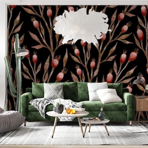 Granatapfel-Blüten-Tapete auf schwarzem Hintergrund, Tapete mit dunklen Früchten und Blättern, luxuriöses rot-schwarzes botanisches Design mit Granatapfel