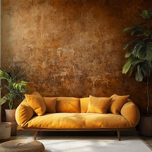 Könnte beinhalten: Senfgelbes Sofa mit passenden Kissen vor einer strukturierten, braunen Wand. Das Sofa steht auf einem Holzrahmen. Topfpflanzen und ein Holzschrank flankieren das Sofa. Das Sofa ist etwa 200 cm lang.