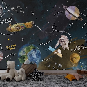Planeten, ruimteschip en astronaut behang, planeten in de ruimte behang, ruimtethema behang, zonnestelsel sterren planeten behang
