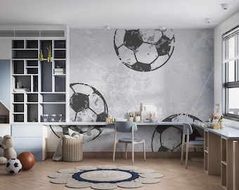 Papier peint ballon de football dégringolade : décoration de chambre de garçon, noir et blanc