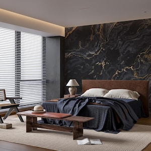 Black Marble Wallpaper: Gold Veins, Textured, Peel and Stick