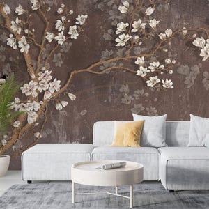 Mandel Blumen Tapete auf braunem Hintergrund, Tapete für Wände: Klassische Blumen Tapete Eleganz im Blühenden Rosen Design