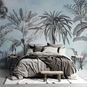 Tropical Trees Wallpaper: Soft Blue Art Deco Wall Mural
