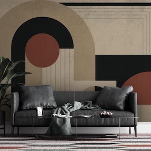 Boho Geometric Style Beige and Coffee Wallpaper, Removable Luxury Wall Decor, Peel and Stick, Art Deco Wallpaper, Geometric Beige Wallpaper
