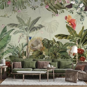 Carta da parati con uccelli e fiori colorati nella foresta tropicale, carta da parati con foglie verde scuro stacca e attacca, murale con carta da parati naturale