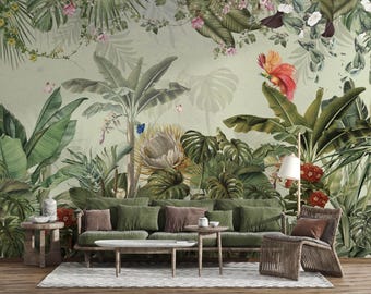 Tropical Forest Wallpaper: Birds, Flowers, Green Leaves (Peel and Stick)