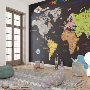 Beroemde gebouwen met donkere achtergronden 3D-behang met kinderkaart, wereldkaartbehang, kinderkamerinrichting kaartbehang, kinderkamermuurschildering