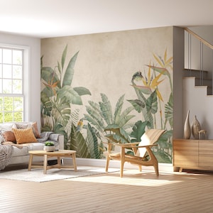 Carta da parati con foglie tropicali e fiori della foresta, carta da parati con palme verdi nostalgiche tropicali, carta da parati staccabile e adesiva, murale con carta da parati con foglie