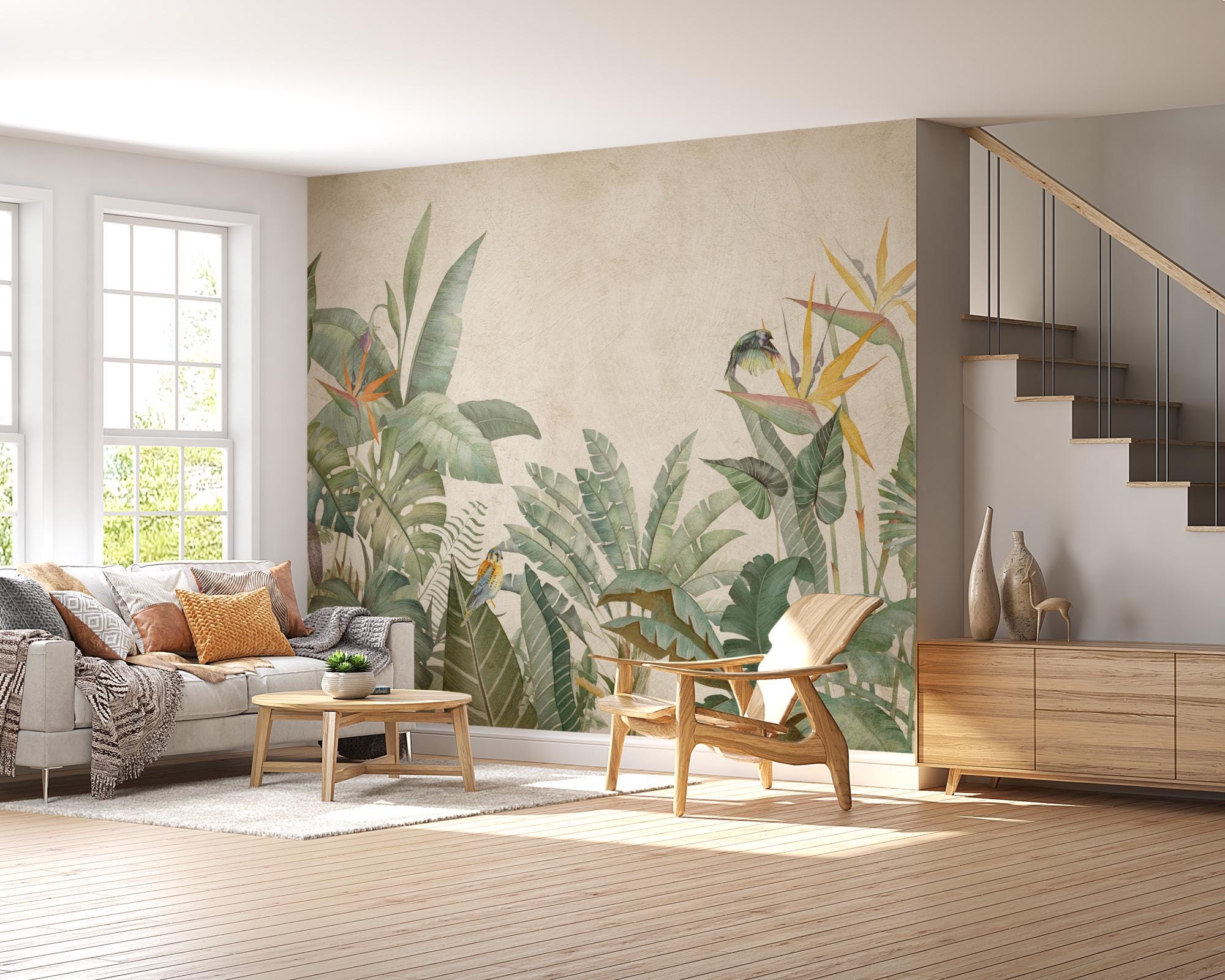 Tropical Palm Leaves Wallpaper Mural: Nostalgic Green Peel & Stick