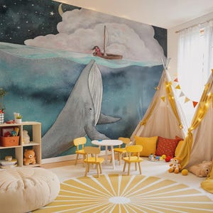 Sea Dream Wallpaper, Whale, Little Girl and Ocean Wallpaper, Whale Wallpaper, Underwater Ocean Nursery Wall Mural, Nautical Kids Room Mural