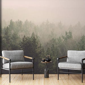 Foggy Forest Mural | Landscape Wallpaper | Watercolor Tree Decal | Peel & Stick Wall Mural | Renter Friendly | Pine Tree, Living Room Mural