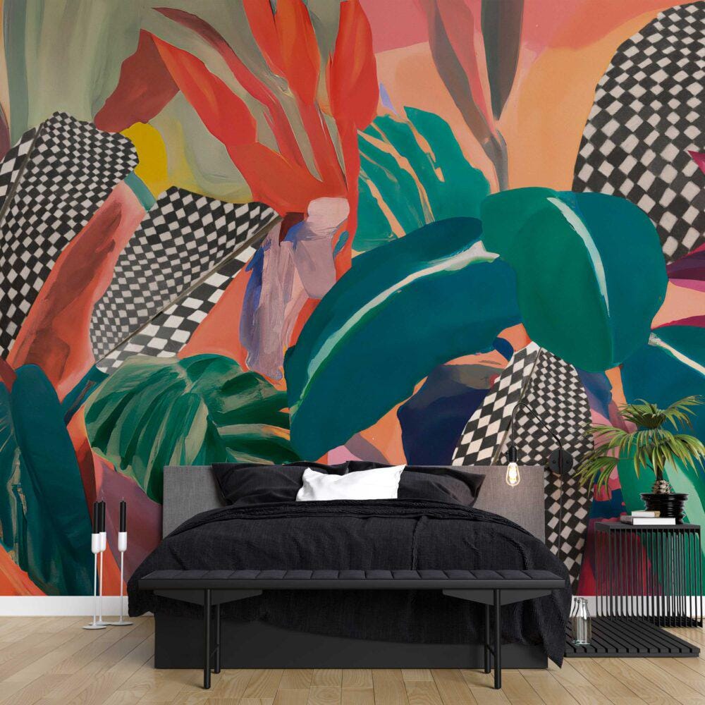 Papier peint aquarelle feuilles tropicales : décoration murale palmiers de la jungle, papier peint amovible