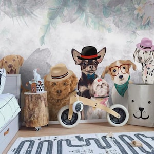 Cute Dogs Wallpaper for Kids, Peel & Stick Removable Wallpaper, Mix Breed Dog Wall Mural for Kids’ Room, Wallpaper for Pet Lovers, Cute Dogs