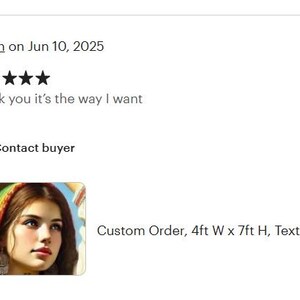 Pu&ograve; includere: Una recensione del cliente mostra un ritratto di una donna con un copricapo colorato. La recensione include una valutazione a cinque stelle e il testo "Thank you it's the way I want." L'immagine include anche il testo "Custom Order, 1.2m L x 2.1m H, Textured Wallpaper."