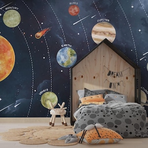 May include: A child's bedroom decorated with a space theme. The dark blue wall features planets, stars, and the sun. A wooden house-shaped bed frame has a grey and white polka-dot duvet cover and orange pillows. A small wooden chair and a round rug are in the foreground.