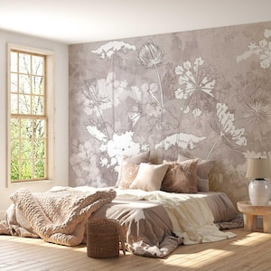 Weiße Wildblumen Tapete, Boho Gartenblumen Tapete zum Schälen und Aufkleben - Pastell Blush Floral Wandtattoo - selbstklebende Tapete