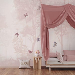 Pink Forest Butterfly Wallpaper - Girl Nursery Decor - Peel and Stick