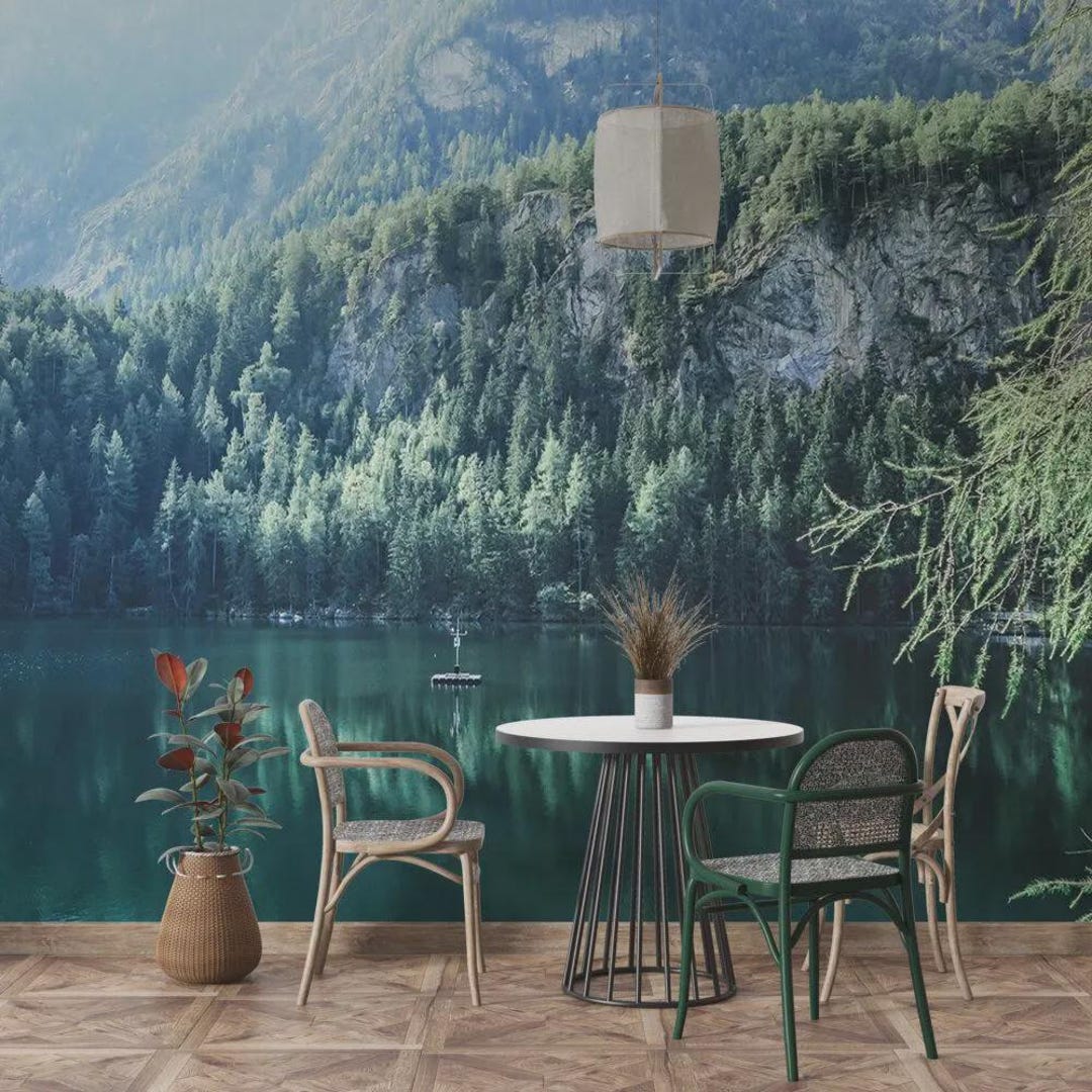 Mountain Lake Peel and Stick Wallpaper Mural: Nature Landscape Wall Art ...