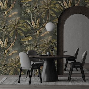 Palm Trees And Banana Leaves Wallpaper, Tropical Nostalgic Green Banana Trees Wallpaper, Peel and Stick Wallpaper, Leaves Wallpaper Mural