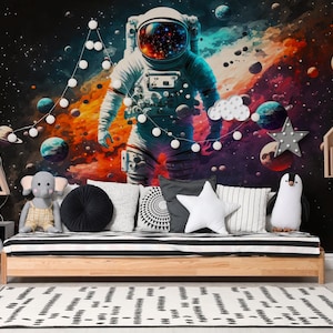 Astronaut in de ruimte behang, planeten behang, kleurrijke muurschildering, astronaut verkenning muurschildering, etherische ruimte Peel & Stick muurschildering