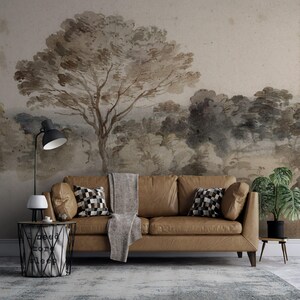 Vintage Forest Landscape Peel and Stick Mural Wallpaper - Luxury Brown Forest Trees with Texture Effect Self Adhesive Wallpaper for Renters