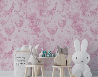 Pedido personalizado; Papel pintado rosa con diseño de globo aerostático - 335 cm de ancho x 145 cm de alto - No tejido