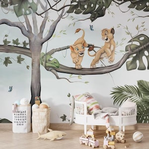 Carta da parati a tema leoni carini per la cameretta dei bambini - Murale della famiglia Leon - Carta da parati con design di animali Sweed per la cameretta dei bambini