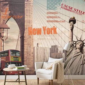 Freiheitsstatue und Collage der Länder Wallpaper, New York City Wallpaper, New york Landschaft, Manhattan | Schälen und aufkleben, selbstklebend