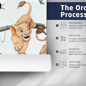 Peut inclure: Une illustration de dessin anim&eacute; d'un lionceau avec une fourrure orange et des yeux bleus, marchant sur une branche. L'image fait partie d'une illustration plus large d'une sc&egrave;ne de jungle. L'image est utilis&eacute;e pour illustrer le processus de commande d'une entreprise de papier peint sur mesure. Le processus de commande comprend la commande, l'impression, l'exp&eacute;dition et l'application du papier peint.