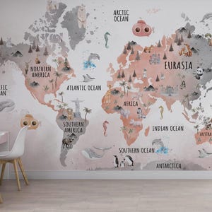 Papier peint carte animaux chaud et froid pour enfants, papier peint carte du monde, papier peint carte déco chambre d'enfant, papier peint chambre d'enfant,