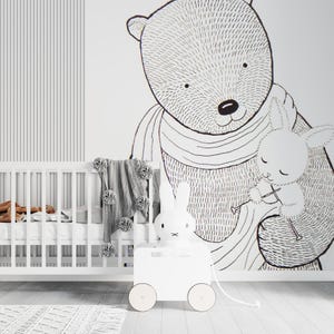 Carta da parati lineare Bear Mother Slat View in bianco e nero, carta da parati astratta in bianco e nero, murales per la cameretta dei bambini con orsi carini, carta da parati per la cameretta dei bambini