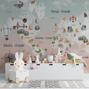 Papier peint carte pour enfants avec animaux à motifs ciel, papier peint carte du monde, papier peint carte déco chambre d'enfant, papier peint chambre d'enfant,
