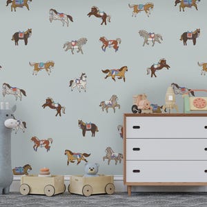 Colorful Horses Wallpaper: Blue Farmhouse Removable Wall Art
