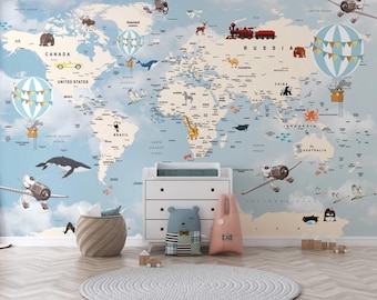 Papier peint carte du monde bleu : décoration de chambre d'enfants, carte politique