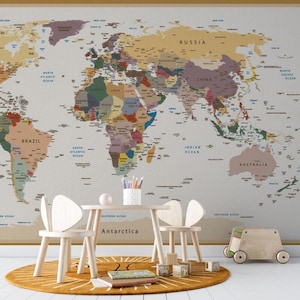 Carta da parati con motivo a mappa per bambini con dettaglio di continente di auto, mappa politica del mondo, carta da parati con mappa per decorazioni per bambini, carta da parati staccabile e adesiva,