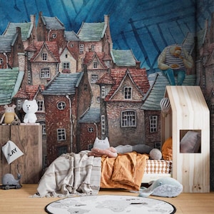 Kleurrijke gebouwen kinderkamer 3D-behang - behang voor kinderkamermuren - grillig geschilderd stadsgezicht met veelkleurige gebouwenmuurschildering
