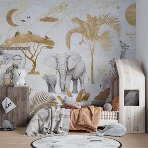 Carta da parati Safari color oro, murale da parete con stampa animale neutra, stacca e attacca - Adesivo da parete autoadesivo Safari beige - Nursery Giraffe Jungle