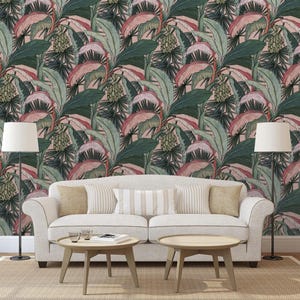 Banana Leaves Jungle Wallpaper, Tropical Rainforest Print Soft Pink Wall Decor, Banana Leaf Print Boho Chic Decor, Trees with Pink Leaves