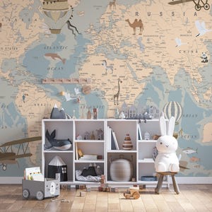 Wereldkaartbehang in blauwe en beige tinten, wereldkaartbehang, kantoordecorkaartbehang, Peel-and-Stick-behang, muurmuurschildering kantoor,