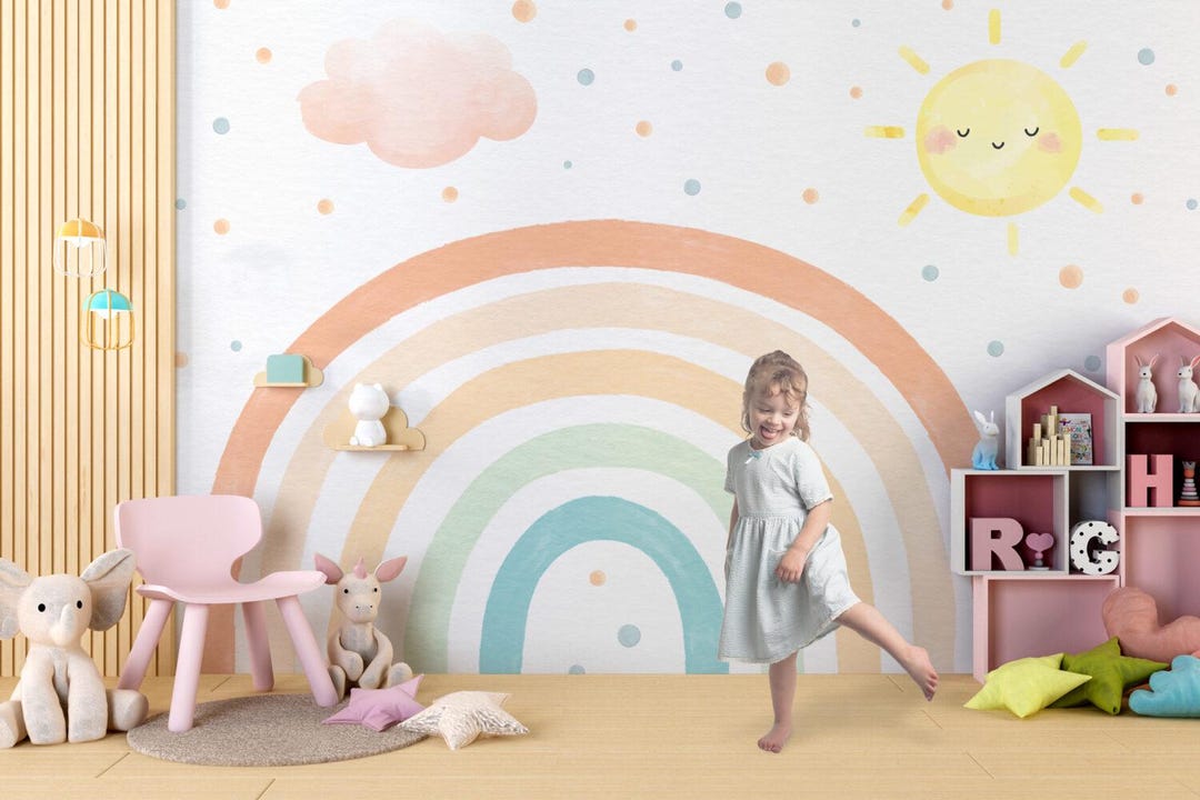 Soft Sun and Rainbow Children Wallpaper, Nursery Room Decor, Rainbow ...