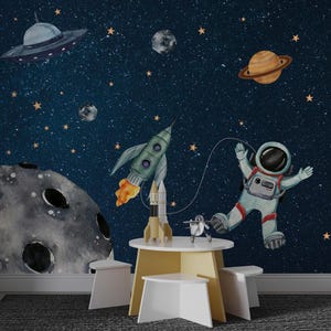 Astronauten en planeten in de ruimte behang, planeten in de ruimte behang, ruimtethema behang, zonnestelsel sterren en planeten muurschildering